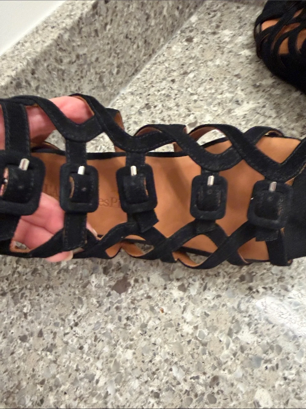 Strappy Black Suede Wedge Sandals